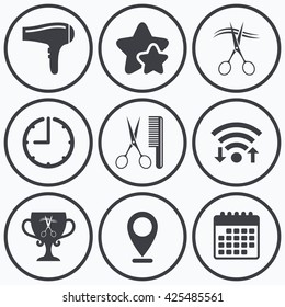 Clock, wifi and stars icons. Hairdresser icons. Scissors cut hair symbol. Comb hair with hairdryer symbol. Barbershop winner award cup. Calendar symbol.