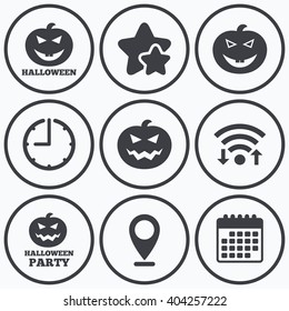 Clock, wifi and stars icons. Halloween pumpkin icons. Halloween party sign symbol. All Hallows Day celebration. Calendar symbol.