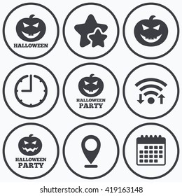 Clock, wifi and stars icons. Halloween pumpkin icons. Halloween party sign symbol. All Hallows Day celebration. Calendar symbol.