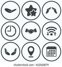 Clock, wifi and stars icons. Hand icons. Handshake successful business symbol. Insurance protection sign. Human helping donation hand. Prayer meditation hands. Calendar symbol.