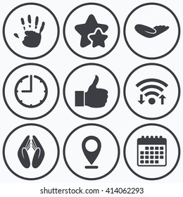 Clock, wifi and stars icons. Hand icons. Like thumb up symbol. Insurance protection sign. Human helping donation hand. Prayer hands. Calendar symbol.
