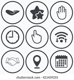 Clock, wifi and stars icons. Hand icons. Handshake successful business symbol. Click here press sign. Human helping donation hand. Calendar symbol.