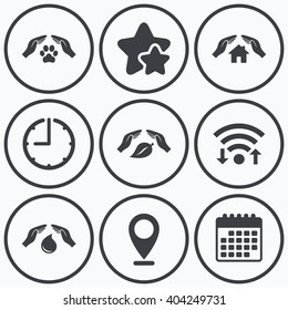 Clock, wifi and stars icons. Hands insurance icons. Shelter for pets dogs symbol. Save water drop symbol. House property insurance sign. Calendar symbol.
