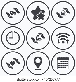 Clock, wifi and stars icons. Hands insurance icons. Health medical insurance symbols. Pills drugs and tablets bottle signs. Calendar symbol.