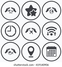 Clock, wifi and stars icons. Hands insurance icons. Palm trees symbol. Travel trip flight insurance symbol. World globe sign. Calendar symbol.