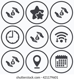 Clock, wifi and stars icons. Hands insurance icons. Money bag savings insurance symbols. Hands protect cash. Currency in dollars, yen, pounds and euro signs. Calendar symbol.