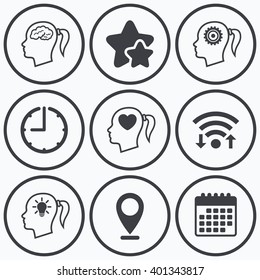 Clock, wifi and stars icons. Head with brain and idea lamp bulb icons. Female woman think symbols. Cogwheel gears signs. Love heart. Calendar symbol.