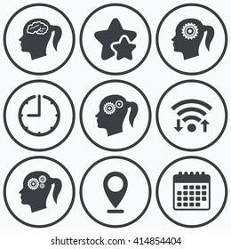 Clock, wifi and stars icons. Head with brain icon. Female woman think symbols. Cogwheel gears signs. Calendar symbol.