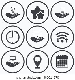 Clock, wifi and stars icons. Helping hands icons. Intellectual property insurance symbol. Smartphone, TV monitor and pc notebook sign. Device protection. Calendar symbol.