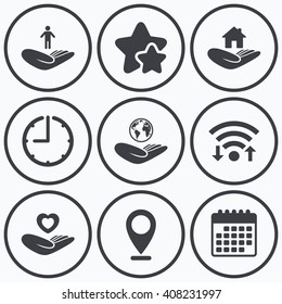 Clock, wifi and stars icons. Helping hands icons. Heart health and travel trip insurance symbols. Home house or real estate sign. Calendar symbol.