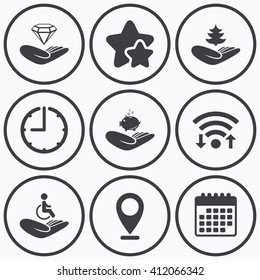 Clock, wifi and stars icons. Helping hands icons. Protection and insurance symbols. Financial money savings, save forest. Diamond brilliant sign. Disabled human. Calendar symbol.