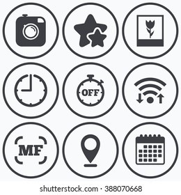 Clock, wifi and stars icons. Hipster retro photo camera icon. Manual focus symbols. Stopwatch timer off sign. Macro symbol. Calendar symbol.