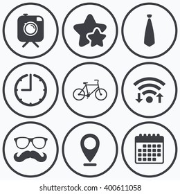 Clock, wifi and stars icons. Hipster photo camera with mustache icon. Glasses and tie symbols. Bicycle family vehicle sign. Calendar symbol.