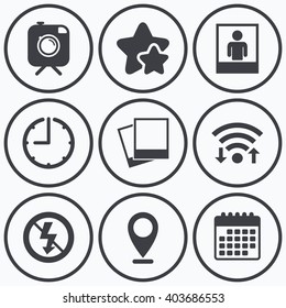 Clock, wifi and stars icons. Hipster retro photo camera with mustache icon. No flash light symbol. Human selfie portrait photo frame. Calendar symbol.