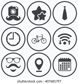 Clock, wifi and stars icons. Hipster photo camera. Mustache with beard icon. Glasses and tie symbols. Bicycle family vehicle sign. Calendar symbol.