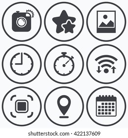 Clock, wifi and stars icons. Hipster retro photo camera icon. Autofocus zone symbol. Stopwatch timer sign. Landscape photo frame. Calendar symbol.