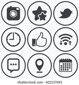 Clock, wifi and stars icons. Hipster photo camera icon. Like and Chat speech bubble sign. Hand thumb up. Bird symbol. Calendar symbol.