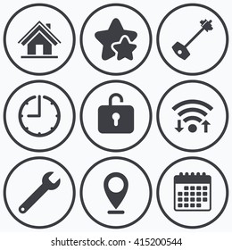 Clock, wifi and stars icons. Home key icon. Wrench service tool symbol. Locker sign. Main page web navigation. Calendar symbol.