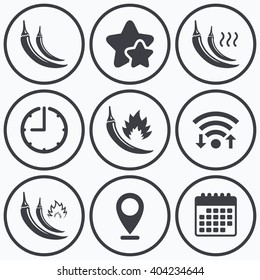 Clock, wifi and stars icons. Hot chili pepper icons. Spicy food fire sign symbols. Calendar symbol.