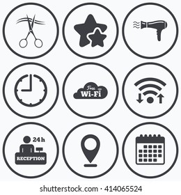 Clock, wifi and stars icons. Hotel services icons. Wi-fi, Hairdryer in room signs. Wireless Network. Hairdresser or barbershop symbol. Reception registration table. Calendar symbol.