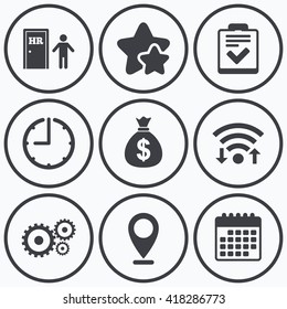 Clock, wifi and stars icons. Human resources icons. Checklist document sign. Money bag and gear symbols. Man at the door. Calendar symbol.