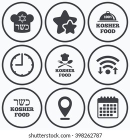 Clock, wifi and stars icons. Kosher food product icons. Chef hat with fork and spoon sign. Star of David. Natural food symbols. Calendar symbol.