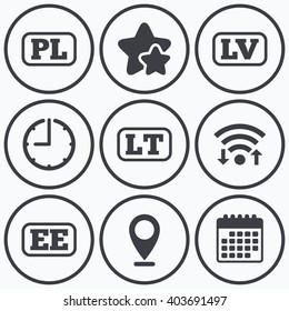 Clock, wifi and stars icons. Language icons. PL, LV, LT and EE translation symbols. Poland, Latvia, Lithuania and Estonia languages. Calendar symbol.