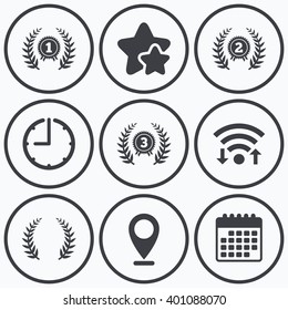 Clock, wifi and stars icons. Laurel wreath award icons. Prize for winner signs. First, second and third place medals symbols. Calendar symbol.