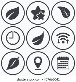 Clock, wifi and stars icons. Leaf icon. Fresh natural product symbols. Tree leaves signs. Calendar symbol.
