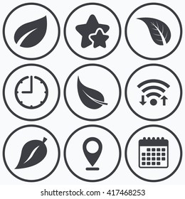 Clock, wifi and stars icons. Leaf icon. Fresh natural product symbols. Tree leaves signs. Calendar symbol.