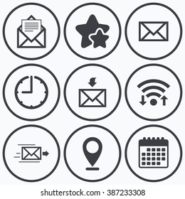 Clock, wifi and stars icons. Mail envelope icons. Message document delivery symbol. Post office letter signs. Inbox and outbox message icons. Calendar symbol.