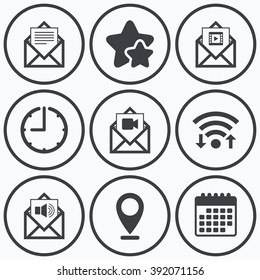 Clock, wifi and stars icons. Mail envelope icons. Message document symbols. Video and Audio voice message signs. Calendar symbol.