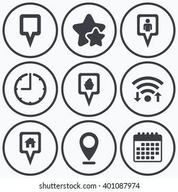 Clock, wifi and stars icons. Map square pointer icons. Home, food and user location symbols. Restaurant and cupcake signs. You are here. Calendar symbol.