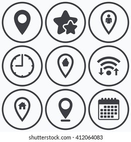 Clock, wifi and stars icons. Map pointer icons. Home, food and user location symbols. Restaurant and cupcake signs. You are here. Calendar symbol.