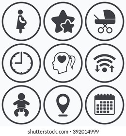 Clock, wifi and stars icons. Maternity icons. Baby infant, pregnancy and buggy signs. Baby carriage pram stroller symbols. Head with heart. Calendar symbol.