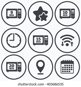 Clock, wifi and stars icons. Microwave oven icons. Cook in electric stove symbols. Heat 9, 10, 15 and 20 minutes signs. Calendar symbol.