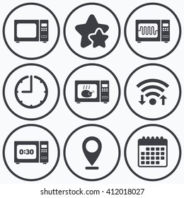 Clock, wifi and stars icons. Microwave oven icons. Cook in electric stove symbols. Grill chicken with timer signs. Calendar symbol.