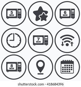 Clock, wifi and stars icons. Microwave oven icons. Cook in electric stove symbols. Heat 5, 6, 7 and 8 minutes signs. Calendar symbol.