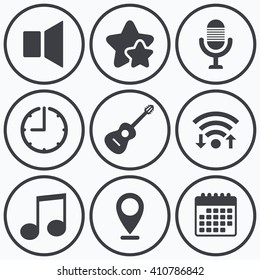 Clock, wifi and stars icons. Musical elements icons. Microphone and Sound speaker symbols. Music note and acoustic guitar signs. Calendar symbol.