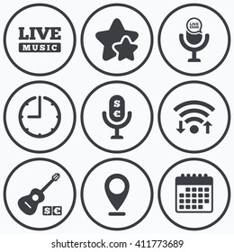 Clock, wifi and stars icons. Musical elements icons. Microphone and Live music symbols. Paid music and acoustic guitar signs. Calendar symbol.