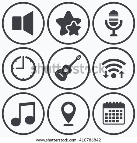 Clock, wifi and stars icons. Musical elements icons. Microphone and Sound speaker symbols. Music note and acoustic guitar signs. Calendar symbol.