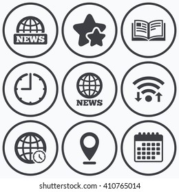 Clock, wifi and stars icons. News icons. World globe symbols. Open book sign. Education literature. Calendar symbol.