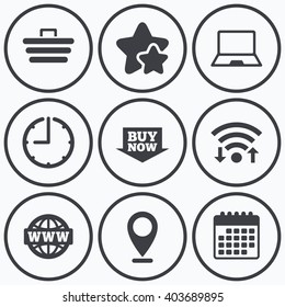 Clock, wifi and stars icons. Online shopping icons. Notebook pc, shopping cart, buy now arrow and internet signs. WWW globe symbol. Calendar symbol.