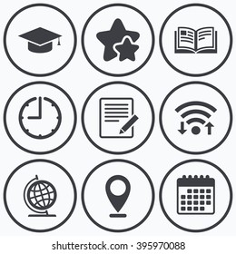 Clock, wifi and stars icons. Pencil with document and open book icons. Graduation cap and geography globe symbols. Learn signs. Calendar symbol.