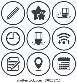 Clock, wifi and stars icons. Pencil icon. Edit document file. Eraser sign. Correct drawing symbol. Calendar symbol.