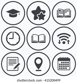 Clock, wifi and stars icons. Pencil with document and open book icons. Graduation cap symbol. Higher education learn signs. Calendar symbol.