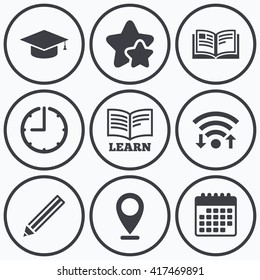 Clock, wifi and stars icons. Pencil and open book icons. Graduation cap symbol. Higher education learn signs. Calendar symbol.