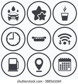 Clock, wifi and stars icons. Petrol or Gas station services icons. Automated car wash signs. Hotdog sandwich and hot coffee cup symbols. Calendar symbol.