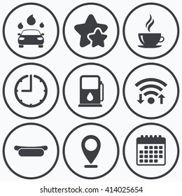 Clock, wifi and stars icons. Petrol or Gas station services icons. Automated car wash signs. Hotdog sandwich and hot coffee cup symbols. Calendar symbol.