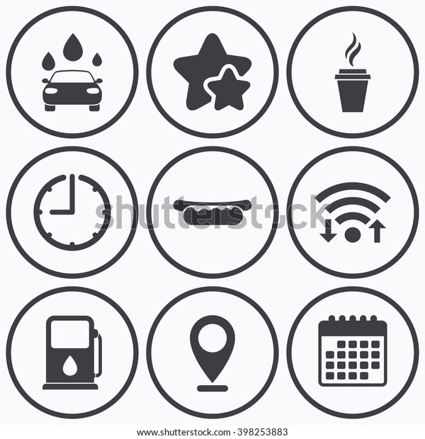 Clock, wifi and stars icons.
Petrol or Gas station services icons. Automated car wash signs.
Hotdog sandwich and hot coffee cup symbols. Calendar
symbol.